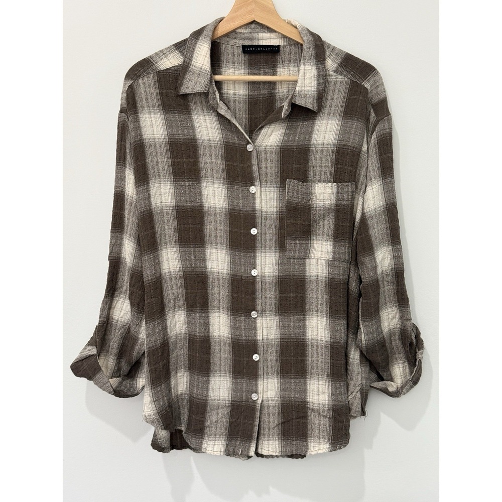 Jane + Delancey Button‎ Up Top Womens L/XL Brown Plaid Stretch Western Rodeo